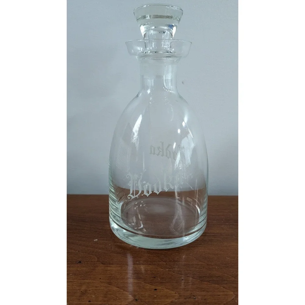 Vintage Clear Glass Vodka Decanter with Stopper Etched Gothic Font Barware